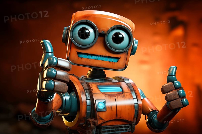Orange robot showing a thumbs up gesture. The friendly robot has big round eyes and a friendly smile. Concept of artificial intelligence technology approval agreement, success, friendliness, AI generated