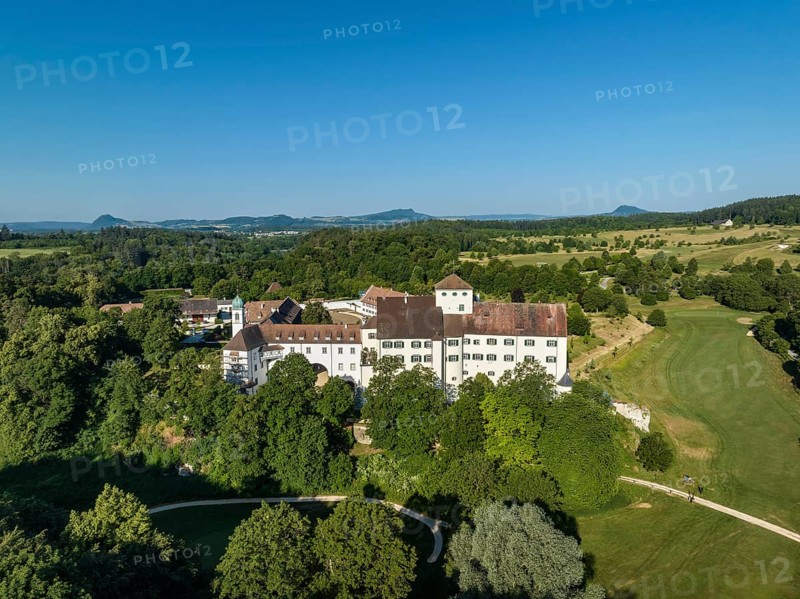 Aerial view of Langenstein Castle near Eigeltingen with surrounding golf course, on the horizon the Hegau Mountains, Constance County, Baden-Württemberg, Germany, Europe