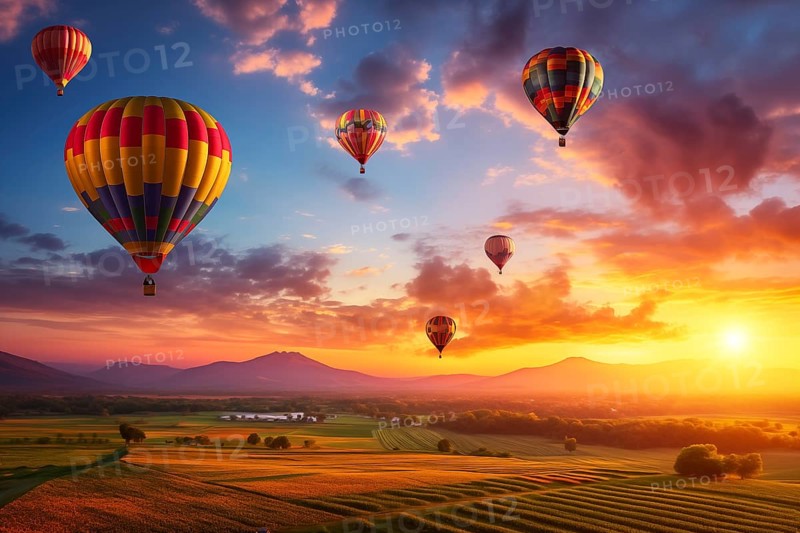 A colorful hot air balloons floats in sky over a blooming field meadow of flowers landscape at sunset with orange and blue skies in the background. Travel journey adventure beauty of nature concept, AI generated
