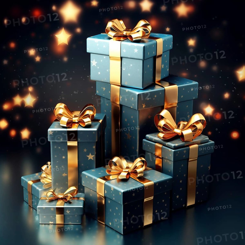 A pile of blue Christmas presents gift boxes on blue background. The image captures the festive merry and joyful spirit of the holiday season, AI generated