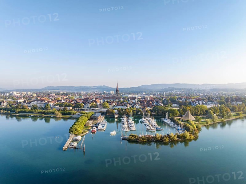 Aerial view of the town of Radolfzell on Lake Constance with the WÃ¤schbruckhafen, harbour pier, and concert sail, district of Constance, Baden-Württemberg, Germany, Europe