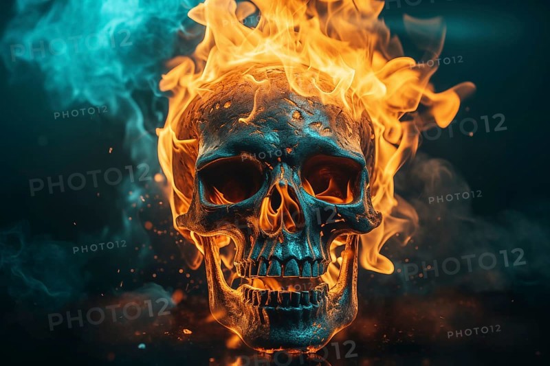Spooky and scary burning skull on a dark blue background. Perfect for Halloween or horror-themed projects, AI generated