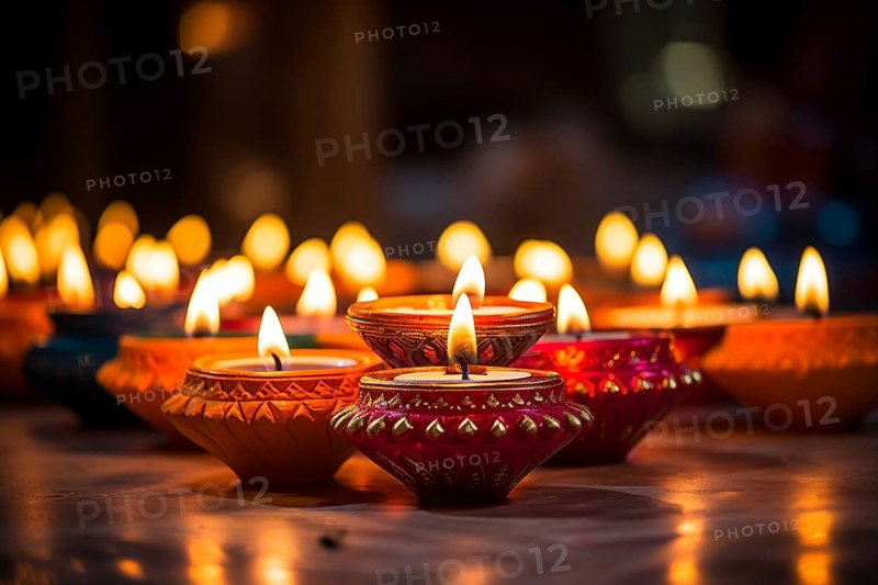 Diwali indian festival of lights background, burning diya lamps on a decorated table close up, AI generated