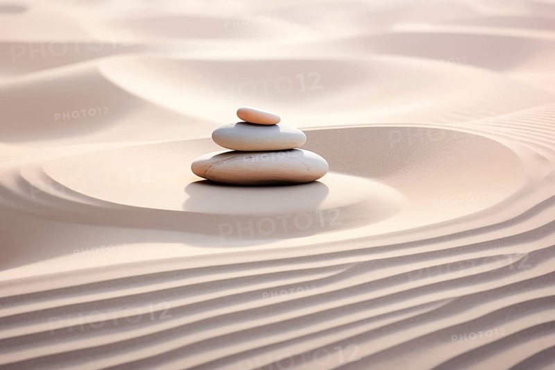 Zen stones stack on raked sand waves in a minimalist setting for balance and harmony. Balance, harmony, and peace of mind, wellness, meditation, and spirituality concept, AI generated