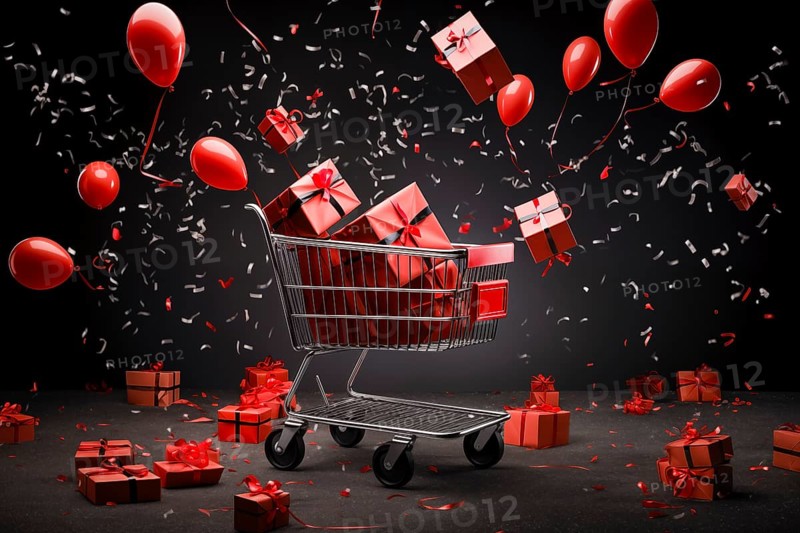 A black Friday Sale concept, black present boxes with red ribbons in shopping cart on a black background, AI generated