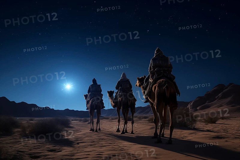 Christmas Jesus birth concept, Adoration of the Magi, Three Wise Men, Three Kings, and the Three biblical Magi with camel silhouettes journeying in sand dunes of desert follow Bethlehem star at night, AI generated