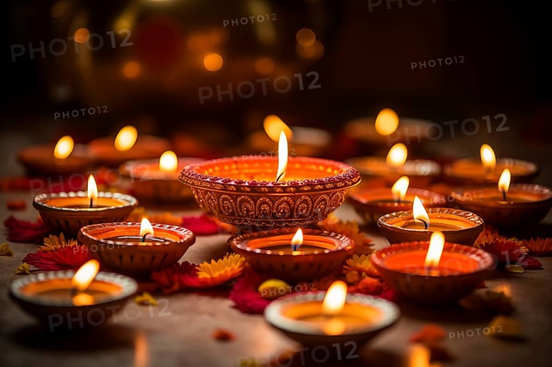 Diwali indian festival of lights background, burning diya lamps on a decorated table close up, AI generated