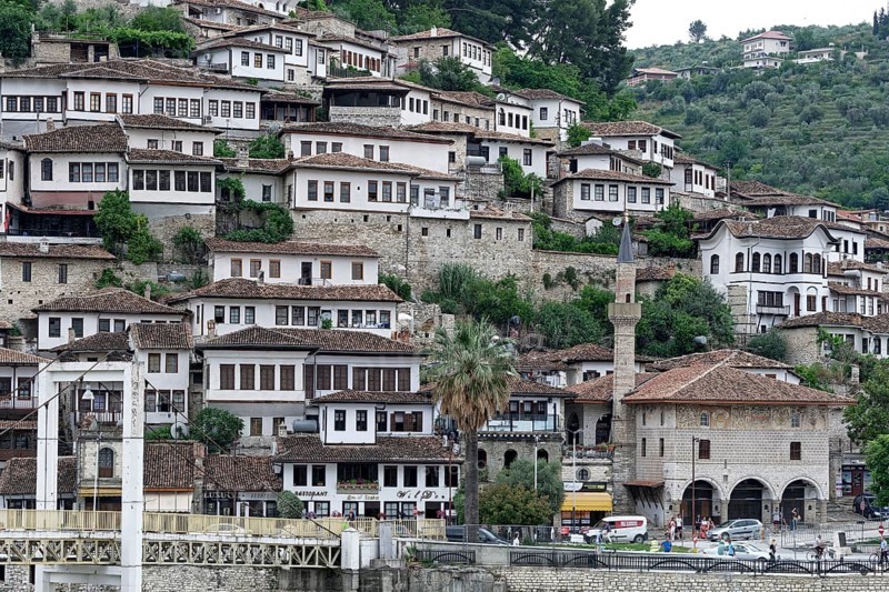 The White Houses in the Mangalem district in the southern Albanian city of Berat are a UNESCO World Heritage Site. Berat, Albania, Southeast Europe, Europe