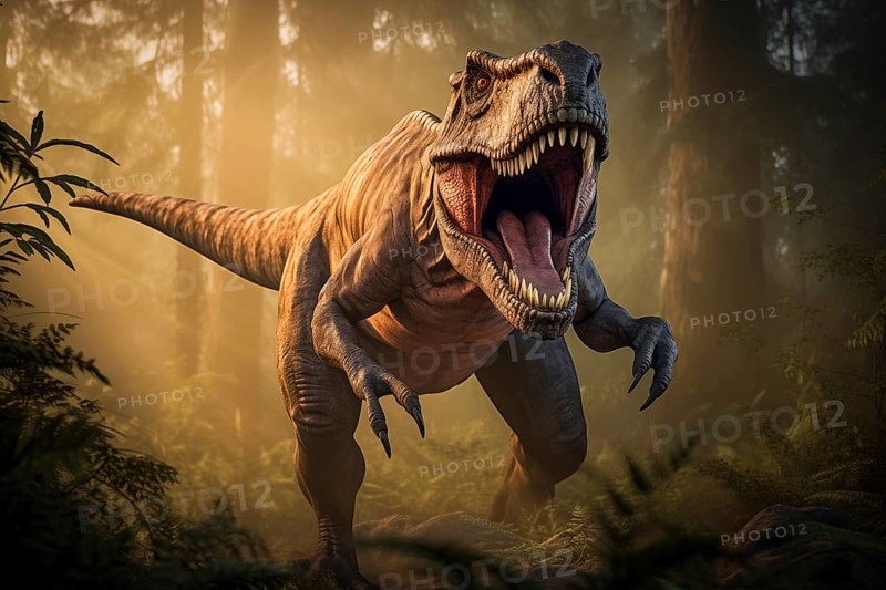 Tyrannosaur rex roaring in a prehistoric forest with lush vegetation, ferns and sunlight, AI generated