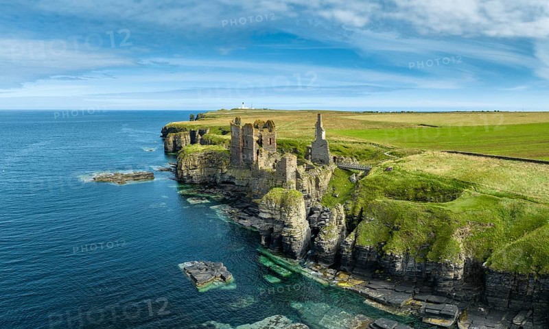 Aerial view of Girnigoe and Sinclair Castle ruins, rock castle on the North Sea coast, Wick, County Caithness, Scotland, United Kingdom, Europe