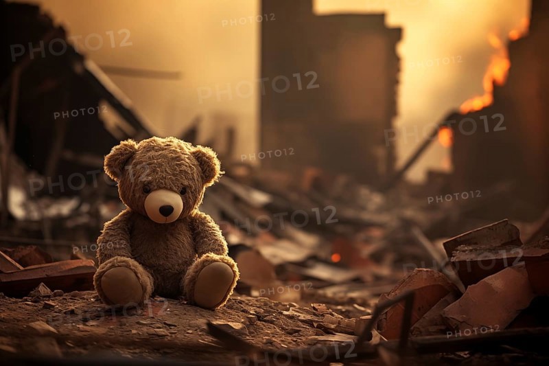 A poignant concept image depicting the tragic impact of war on children. A sad teddy bear toy sits amid the ruins of a house destroyed by conflict, symbolizing the loss and despair caused by war, AI generated
