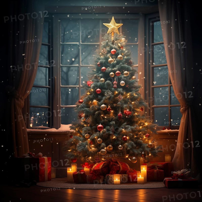 A cozy interior living room decorated for Christmas with a Christmas tree with presents gift boxes. The image captures the warm and inviting atmosphere of the holiday season, AI generated