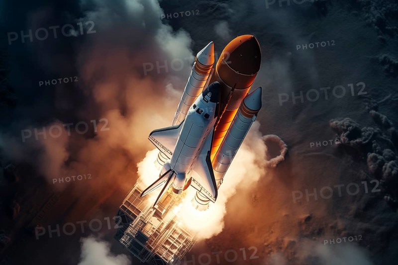 Aerial view of a rocket shuttle carrier launch at sunrise over an ocean coast. The rocket is blasting off with a trail of smoke and flames behind it, AI generated
