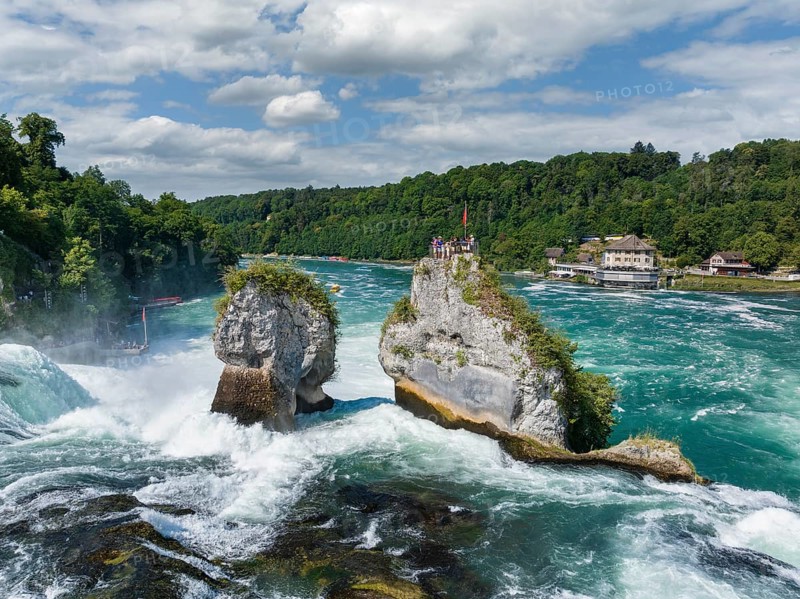 Aerial view of the Rhine Falls, with tourists on the viewing platform, Neuhausen, Canton Schaffhausen, Switzerland, Europe