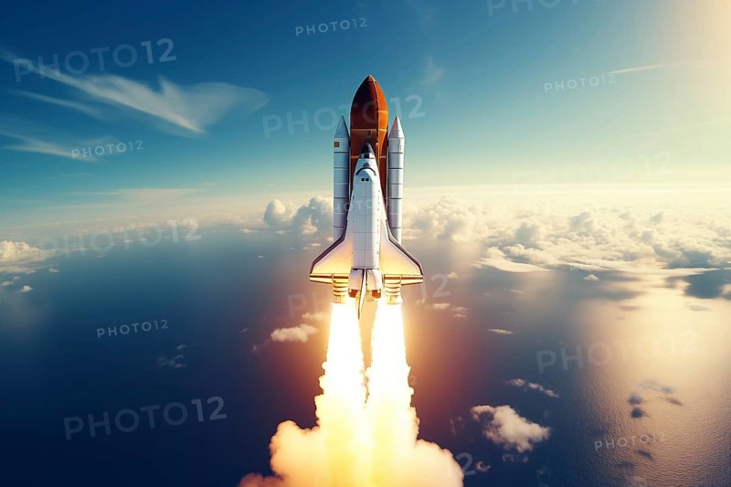 Aerial view of a rocket shuttle carrier launch at sunrise over an ocean coast. The rocket is blasting off with a trail of smoke and flames behind it, AI generated