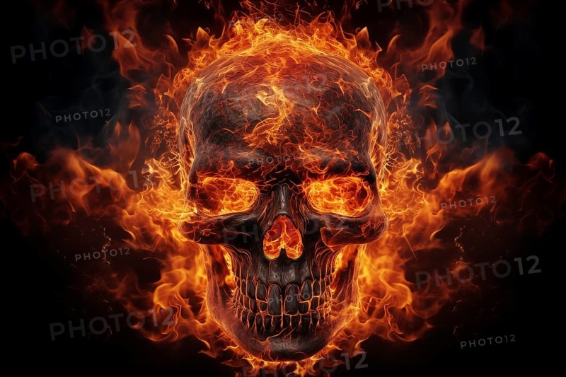 Spooky and scary burning skull on a dark background. Perfect for Halloween or horror-themed projects, AI generated