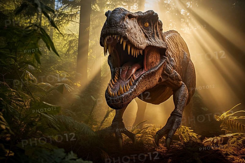 Tyrannosaur rex roaring in a prehistoric forest with lush vegetation, ferns and sunlight, AI generated