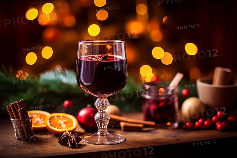 Glass of traditional mulled wine with orange and cranberry garnishes on a cozy Christmas table. The background is blurred with bokeh lights and candles, creating a warm and festive atmosphere, AI generated