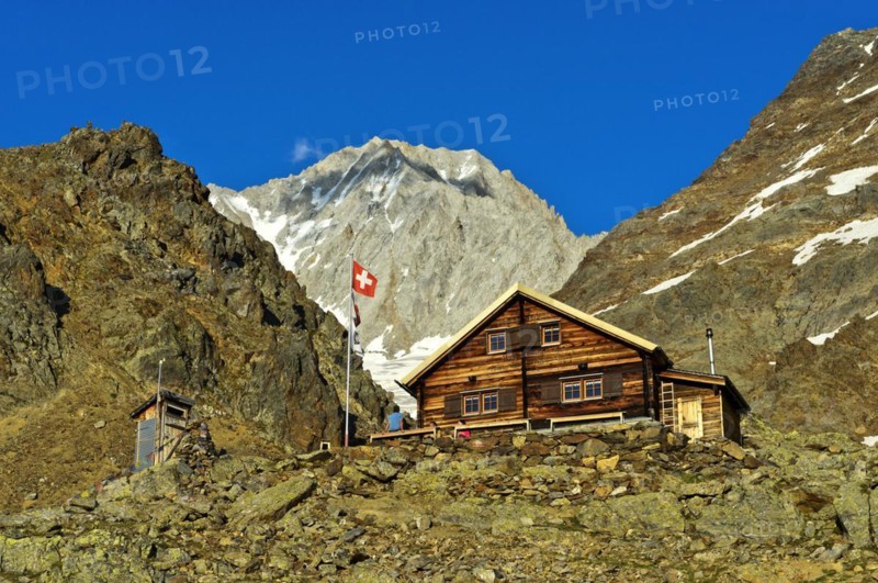 Bietschhorn hut of the Academic Alpine Club of Bern AACB, Bietschhorn summit at the rear, Lötschental, Valais, Switzerland, Europe