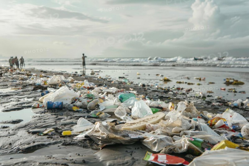 Rubbish, washed up plastic waste on a tropical beach, symbolic image for environmental pollution, marine pollution, pollution of the world's oceans, AI generated, AI generated, AI generated