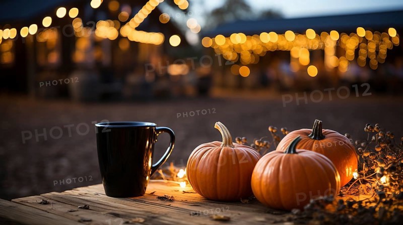 Cup of hot apple cider, hot chocolate or coffee on picnic table at an outdoor fall decorated party, AI generated