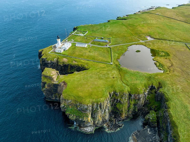 Aerial view of the lighthouse at Noss Head, North Sea coast, Wick, County Caithness, Scotland, United Kingdom, Europe