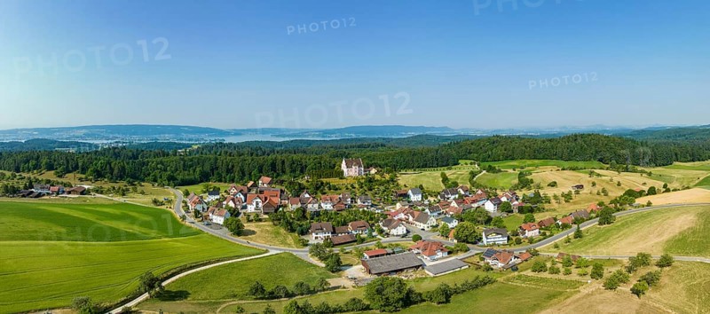 Aerial panorama of the village Freudental with the castle Freudental on the Bodanrück, on the right horizon the peninsula Höri and on the left the island Reichenau, county Konstanz, Baden-Württemberg, Germany, Europe