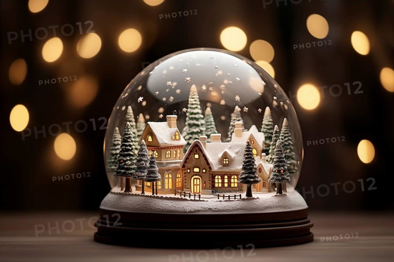 Winter Wonderland with house and trees in Glass Ball Snow Globe on table and blurred bokeh background, AI generated
