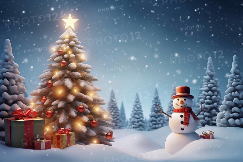 Peaceful and serene Christmas scene with a decorated Christmas tree with gifts presents and a cute snowman in a snowy forest, AI generated