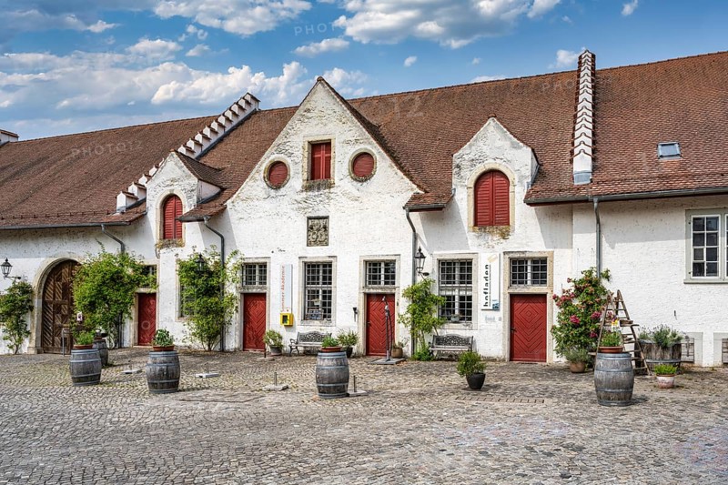 Former monastery barns on the monastery square of the former Benedictine abbey, Rheinau, Andelfingen, Canton Zurich, Switzerland, Europe