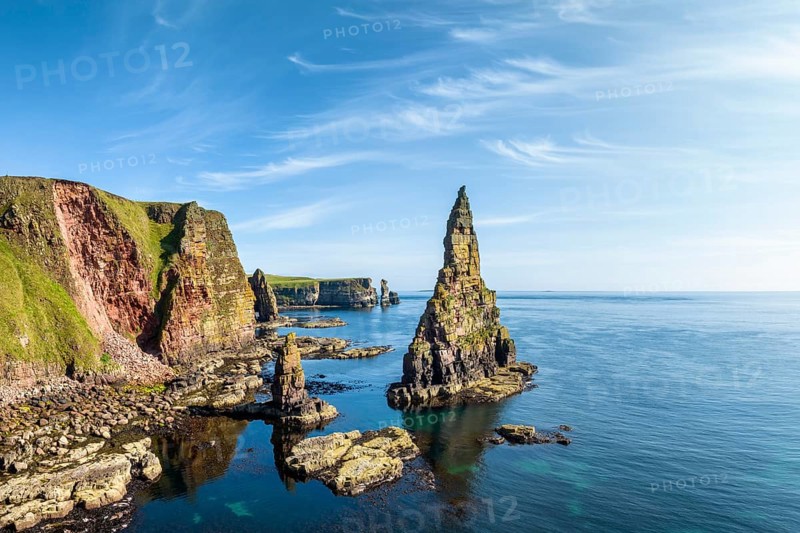 Aerial view of the rugged coastal landscape with the Duncansby Stacks, Duncansby Head coast, County Caithness, Scotland, United Kingdom, Europe