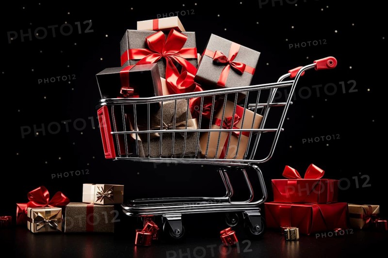 A black Friday Sale concept, black present boxes with red ribbons in shopping cart on a black background, AI generated