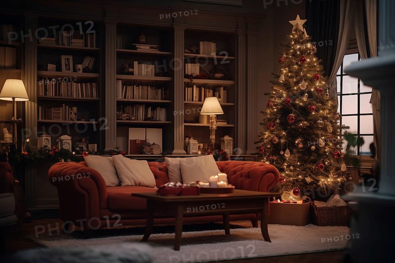 A cozy interior living room decorated for Christmas with a Christmas tree with presents gift boxes. The image captures the warm and inviting atmosphere of the holiday season, AI generated