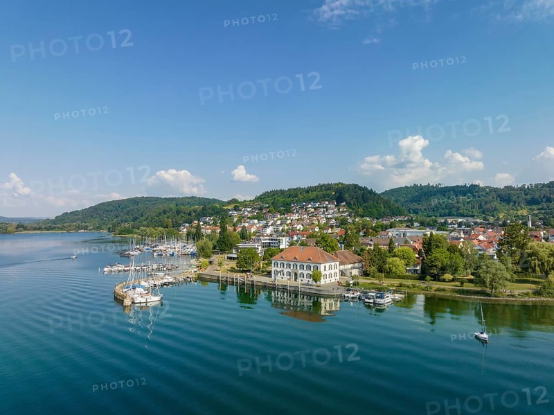 Aerial view of Lake Constance with the municipality of Bodman-Ludwigshafen with the marina and old customs house, Hegau, Constance County, Baden-Württemberg, Germany, Europe