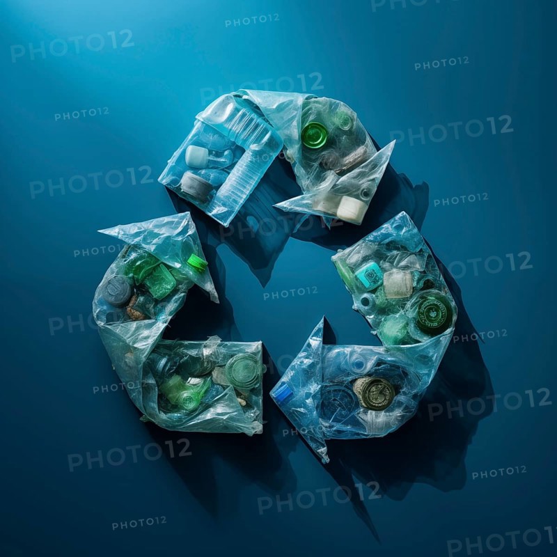 Recycle sustainability plastic pollution concept, recycling symbol made of recycled plastic bottles on blue background, AI generated