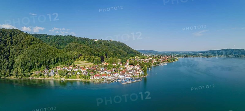 Aerial panorama of Lake Constance with the village of Bodman, Bodman-Ludwigshafen, Constance County, Baden-Württemberg, Germany, Europe