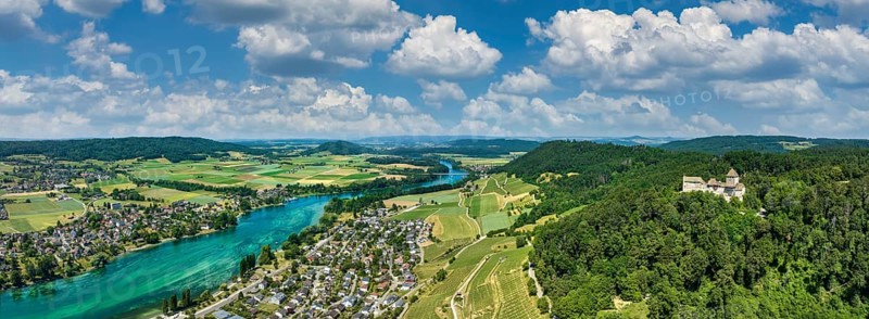 Aerial panorama of Hohenklingen Castle near Stein am Rhein, Canton Schaffhausen, Switzerland, Europe