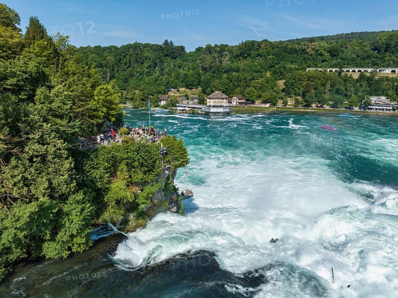 Aerial view of the Rhine Falls, viewing terrace on the left, Neuhausen, Canton Schaffhausen, Switzerland, Europe