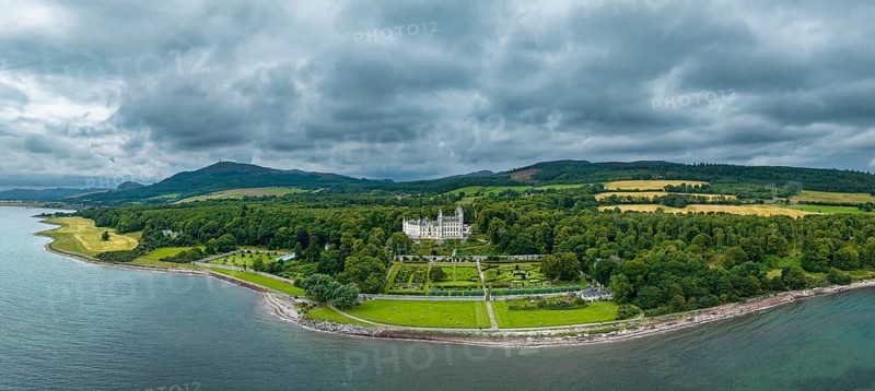 Aerial panorama of Dunrobin Castle, Golspie, Sutherland, Highlands, Scotland, United Kingdom, Europe