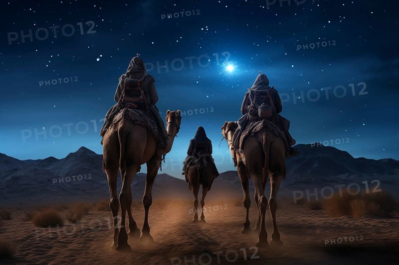 Christmas Jesus birth concept, Adoration of the Magi, Three Wise Men, Three Kings, and the Three biblical Magi with camel silhouettes journeying in sand dunes of desert follow Bethlehem star at night, AI generated