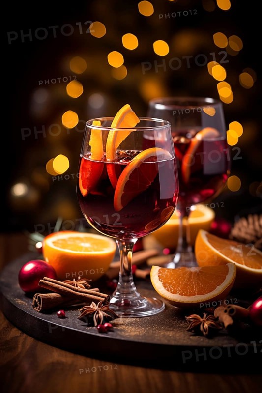 Two glasses of traditional mulled wine with orange and cranberry garnishes on a cozy Christmas table. The background is blurred with bokeh lights and candles, creating a warm and festive atmosphere, AI generated