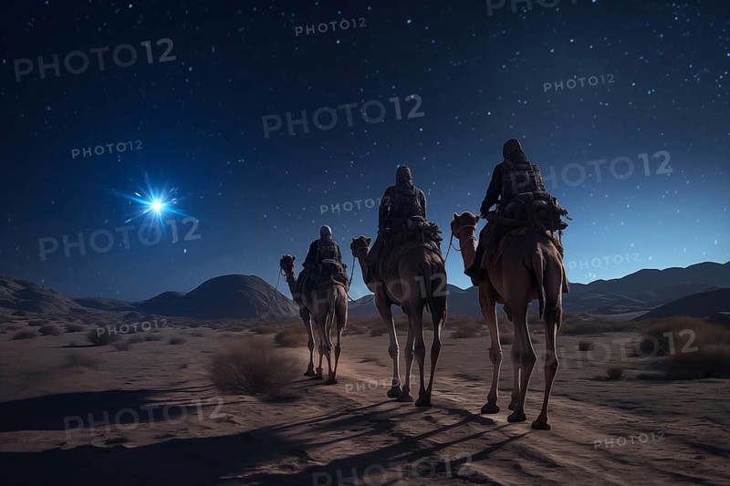 Christmas Jesus birth concept, Adoration of the Magi, Three Wise Men, Three Kings, and the Three biblical Magi with camel silhouettes journeying in sand dunes of desert follow Bethlehem star at night, AI generated