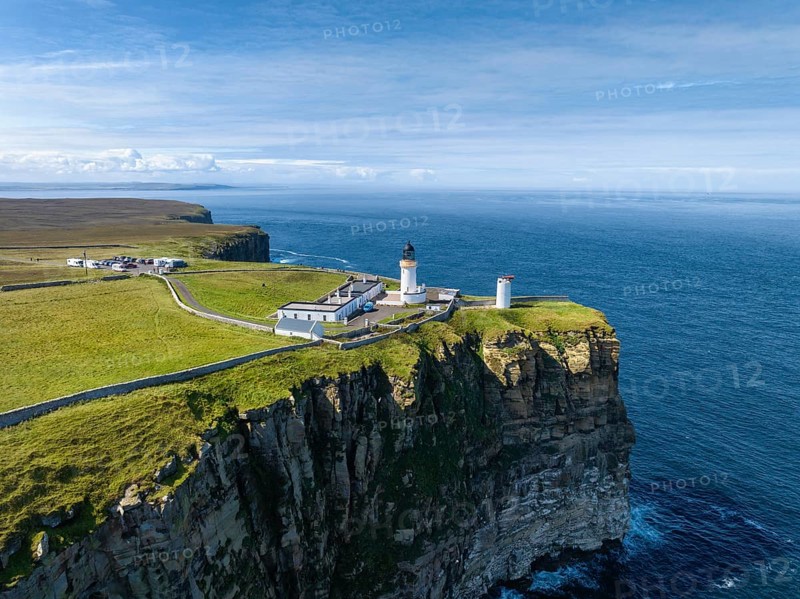 Aerial view of Dunnet Head with the lighthouse, the northernmost point of the British main island, County Caithness, Scotland, Great Britain