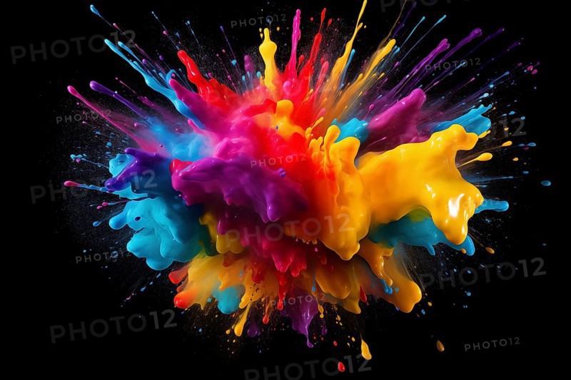 Abstract background of vibrant colorful paint splashes on black background, AI generated