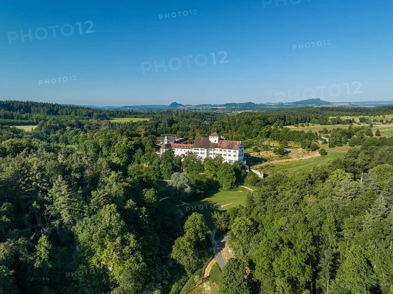 Aerial view of Langenstein Castle near Eigeltingen with surrounding golf course, on the horizon the Hegau Mountains, Constance County, Baden-Württemberg, Germany, Europe