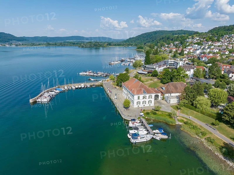Aerial view of Lake Constance with the municipality of Bodman-Ludwigshafen with the marina and old customs house, Hegau, Constance County, Baden-Württemberg, Germany, Europe