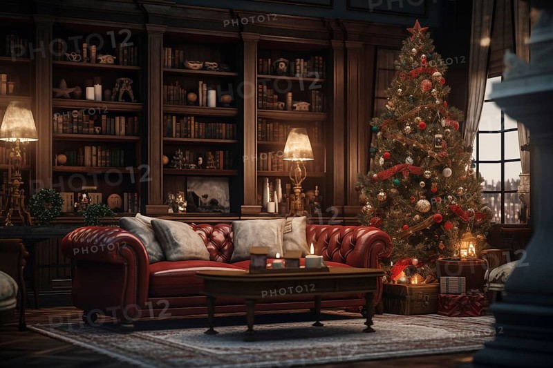 A cozy interior living room decorated for Christmas with a Christmas tree with presents gift boxes. The image captures the warm and inviting atmosphere of the holiday season, AI generated