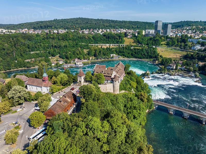 Aerial view of the Rhine Falls with tourist centre and Laufen Castle, Neuhausen, Canton Schaffhausen, Switzerland, Europe