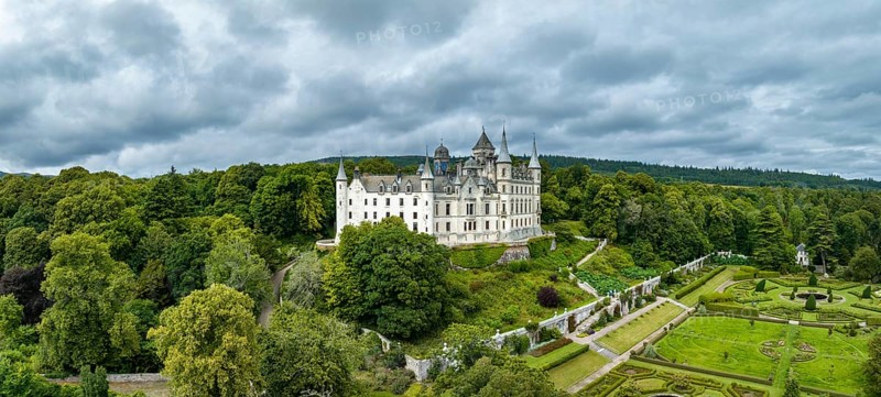 Aerial panorama of Dunrobin Castle, Golspie, Sutherland, Highlands, Scotland, United Kingdom, Europe