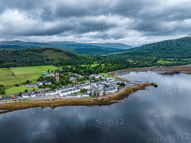 Aerial view of the village of Inveraray on Loch Fyne, a 65 kilometre long fjord, Argyll and Bute, Scotland, United Kingdom, Europe
